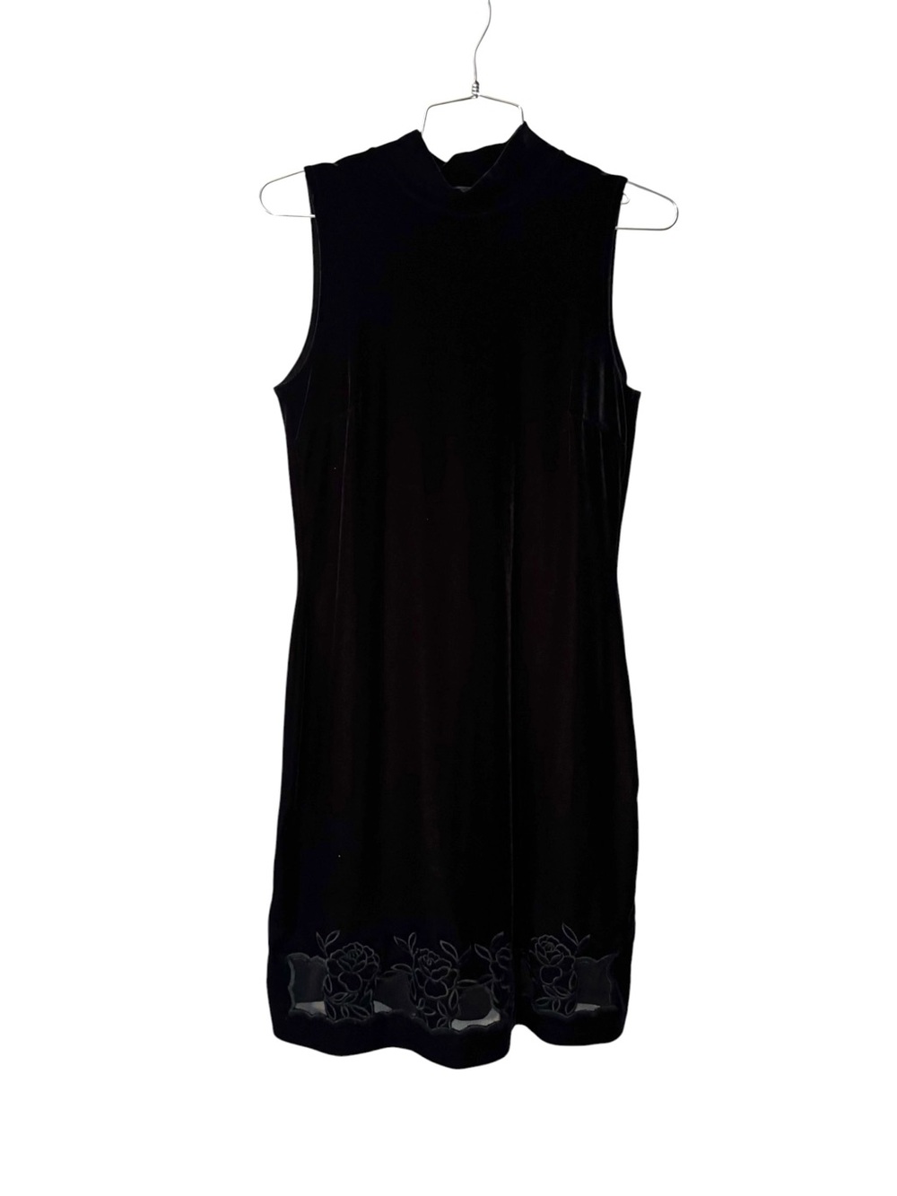 Vintage Scene Black Sleeveless Mock-Neck Mini Dress with Floral Hem Size 7/8